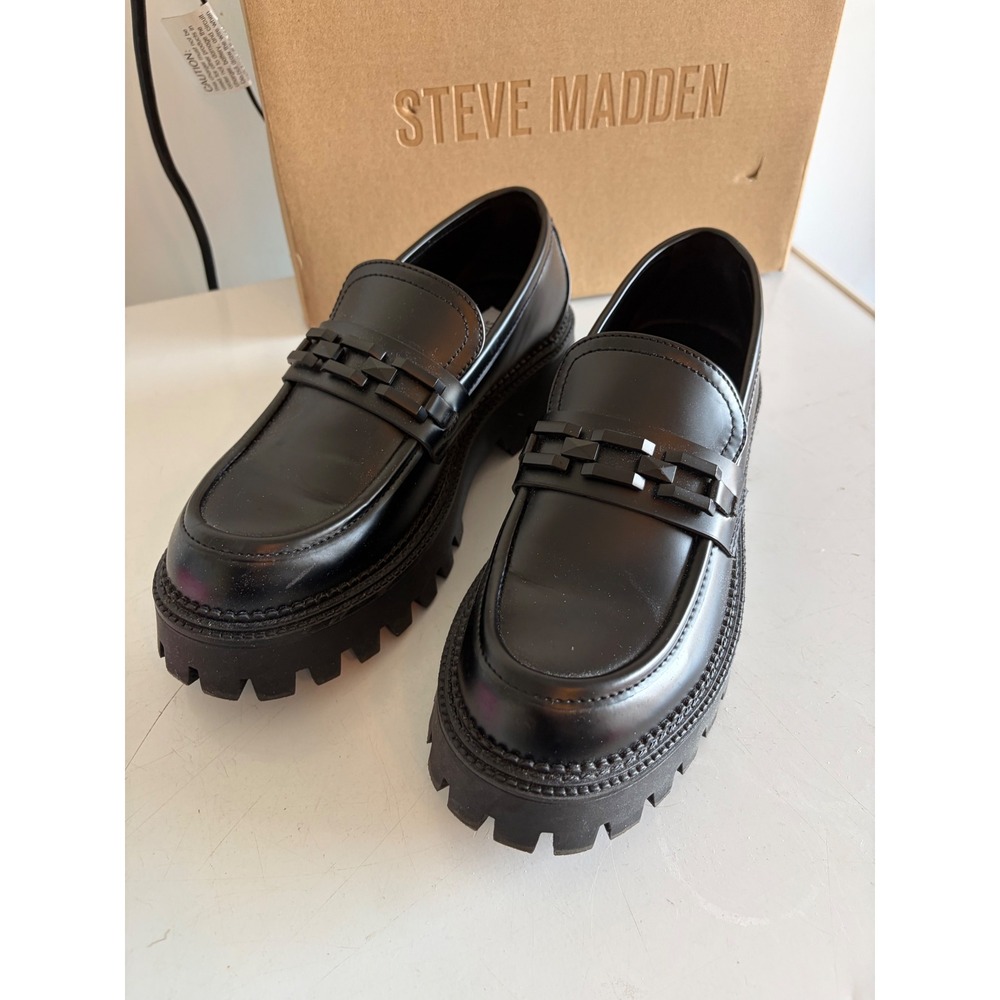 Steve Madden Aerin Womens Black Lug Sole Platform Loafer Shoes Size 8